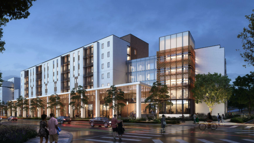 UCR and RCC building render- large multi story building in the background, students crossing the street in the foreground