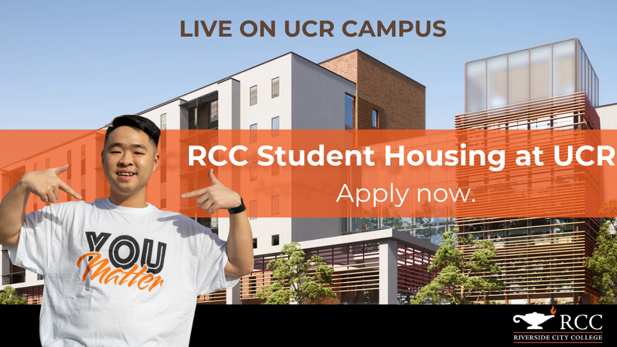 Housing banner- Male student in front of housing render- Apply now