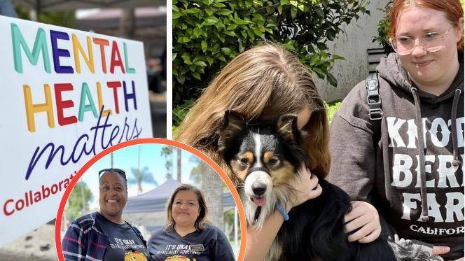 Grid of pictures. One grid text mental health matters. One picture of staff. One picture of students with support dogs. 