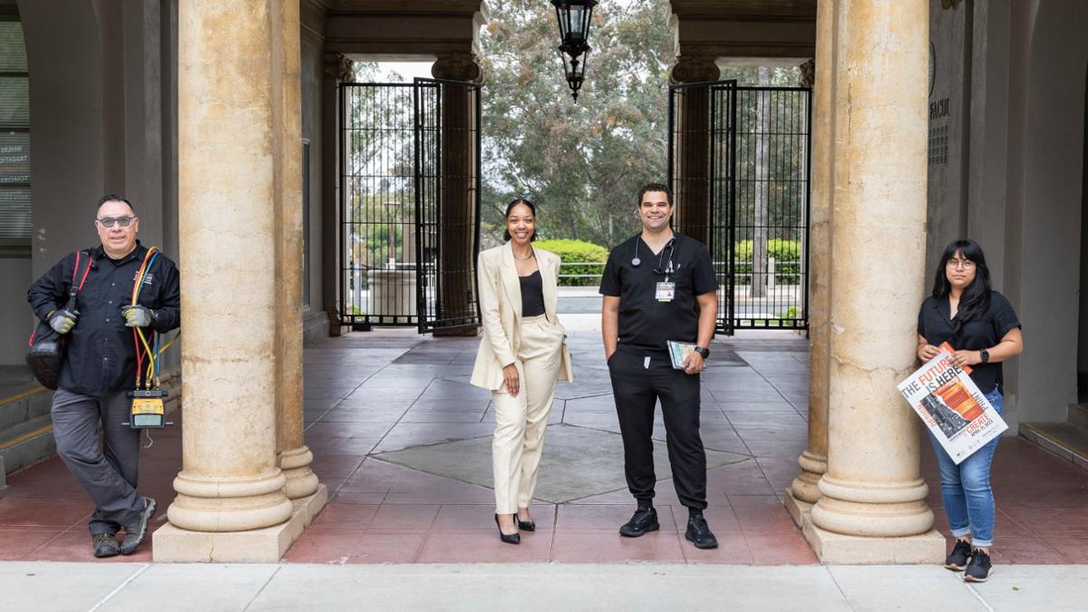 Students in the quad wearing career clothing- example nursing