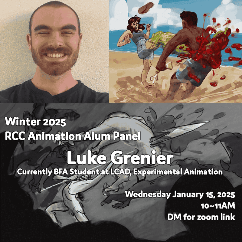 Promotional graphic for the Winter 2025 RCC Animation Alum Panel featuring Luke Grenier. Includes a headshot, an action-packed digital painting, and a black-and-white sketch. Event details: Jan 15, 2025, 10–11 AM. DM for Zoom link. White text on dark background.