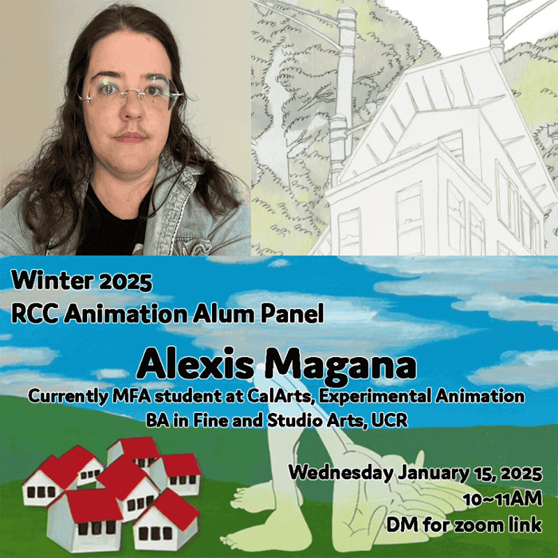 Promotional graphic for the Winter 2025 RCC Animation Alum Panel featuring Alexis Magana. Includes a headshot, a detailed architectural sketch, and a surreal landscape illustration. Event details: Jan 15, 2025, 10–11 AM. DM for Zoom link. White text on blue sky background.