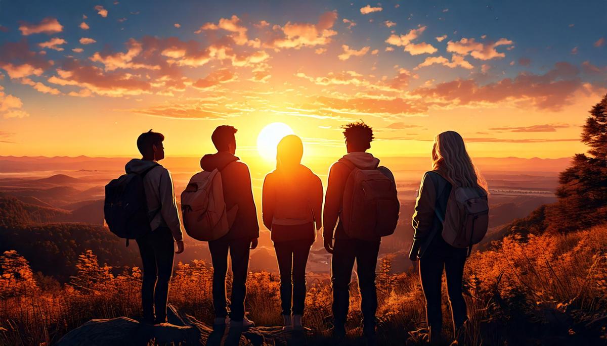 A group of five young people with backpacks standing on a hilltop at sunset, silhouetted against a vibrant orange and pink sky.