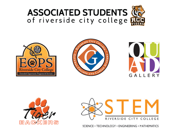 Logos of different groups including EOPS, Gateway to College, STEM, Tiger Backers, and the QUAD art gallery