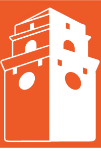 White Clock tower icon silhouette - Orange Background