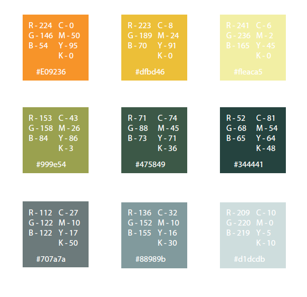 orange is #E09236, yellow is #dfbd46, LIghter yellow is #fleaca5, light green is #999e54, Darker green is #475849, darkest green is #344441, gray is #707a7a, lighter gray is #88989b, lightest gray is #d1dcdb