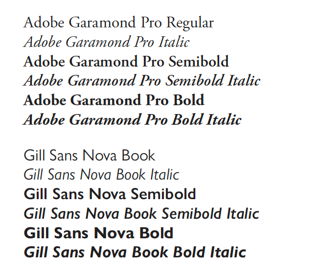 Typography gont examples, Adobe Garamond Pro and Gills Sans Nova