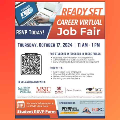 Ready Set Career Virtual Job Fair on October 17, 2024, from 11 AM to 1 PM. Virtual event for students in Business, Criminal Justice, and Early Childhood Education. Learn about employers, job opportunities, network, and get resume feedback. RSVP required