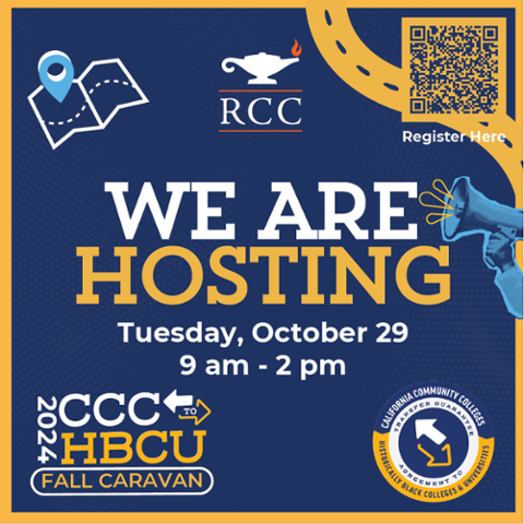 Graphic promoting RCC hosting the 2024 CCC to HBCU Fall Caravan on Tuesday, October 29, 9 am - 2 pm. Features RCC logo, event title, and a QR code labeled 'Register Here.' Includes California Community Colleges Transfer Guarantee logo.