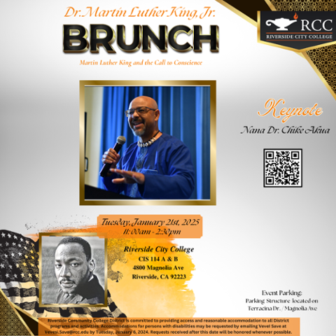 Keynote speaker Nana Dr. Chike Akua, author and advocate for educational transformation, speaks at RCC's Martin Luther King Jr. Brunch on January 21, 2025, from 11 AM to 2:30 PM. Event theme: 