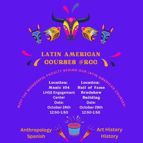 Purple background, different colored horned animals, text reads Latin American Courses at RCC - Meet the faculty in Music 104 and Hall of Fame