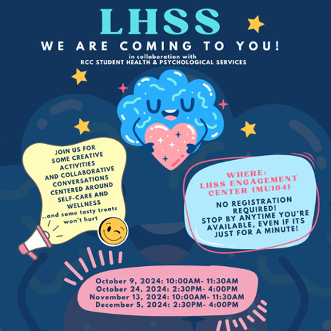 Flyer for LHSS workshops at RCC’s LHSS Engagement Center. Features a smiling brain holding a heart, promoting wellness activities and treats. Dates: Oct 9, Oct 24, Nov 13, Dec 5, 2024. No registration needed. Hosted by RCC Student Health & Psychological S