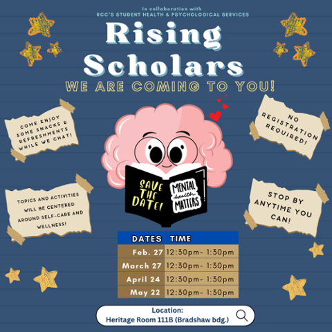 Flyer for Rising Scholars Wellness Workshops at RCC. Features a smiling brain reading a book that says 'Mental Health Matters.' Event dates: Feb. 27, March 27, April 24, and May 22 from 12:30–1:30 PM in Heritage Room 111B (Bradshaw Bldg). No registration 