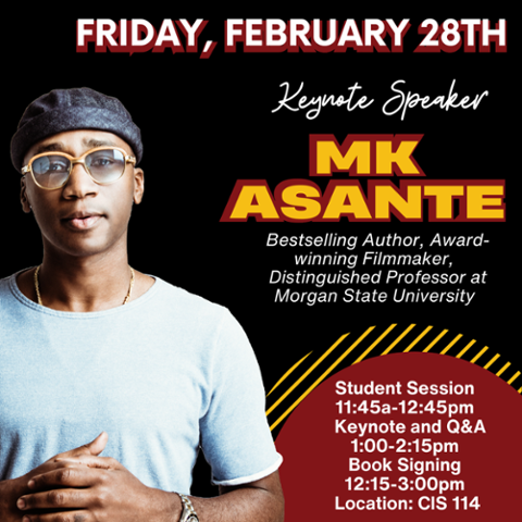 A flyer for RCC’s Black History Month keynote event on Friday, February 28 featuring MK Asante, bestselling author and filmmaker. Events in CIS 114: Student Session (11:45 AM – 12:45 PM), Keynote & Q&A (1:00 – 2:15 PM), Book Signing (12:15 – 3:00 PM). Acc