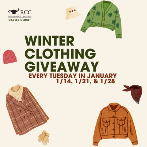 Illustration promoting RCC Career Closet Winter Clothing Giveaway. Includes sweaters, hats, gloves, and coats with text: 'Winter Clothing Giveaway. Every Tuesday in January, 1/14, 1/21, & 1/28.' Event for RCC students.