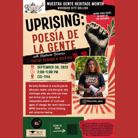 Nuestra Gente Heritage Month presents Uprising: Poesía de la Gente with Stephanie and Berenice, featuring a poetry reading and open mic. September 30, 2026, 2-4 pm in CIS-114A.