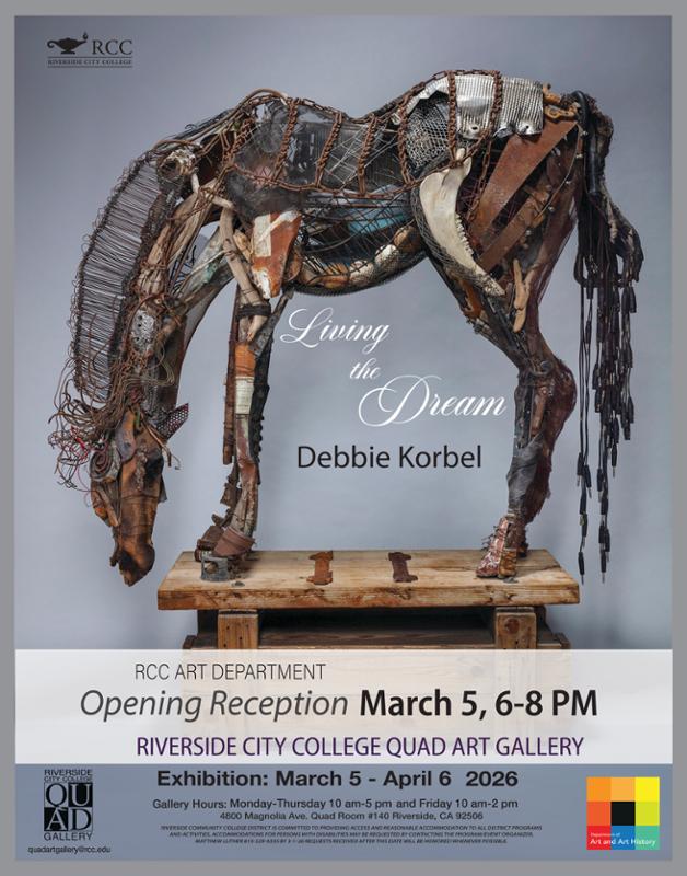 Flyer for Living the Dream exhibition by Debbie Korbel featuring a sculpture of a horse made from recycled metal and materials.