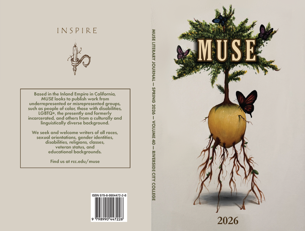 Cover and back cover of the 2026 spring edition of MUSE Literary Journal. The cover features a tree growing from a root vegetable with butterflies surrounding the title “MUSE.” The back cover includes a statement encouraging submissions from diverse writers.