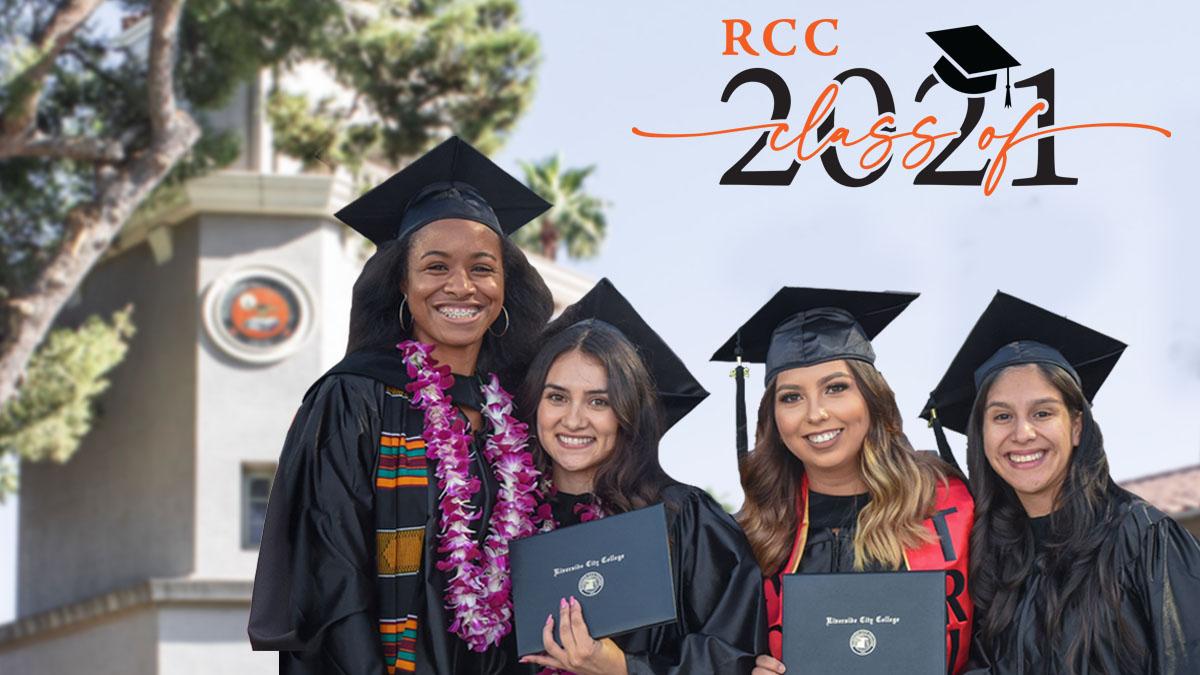 Group of four students in commencement regalia with a class or 2021 logo