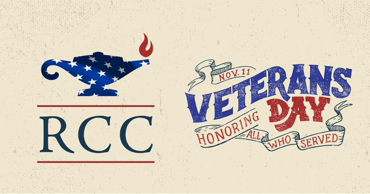 Veterans Day RCC lamp of learning logo with American Flag