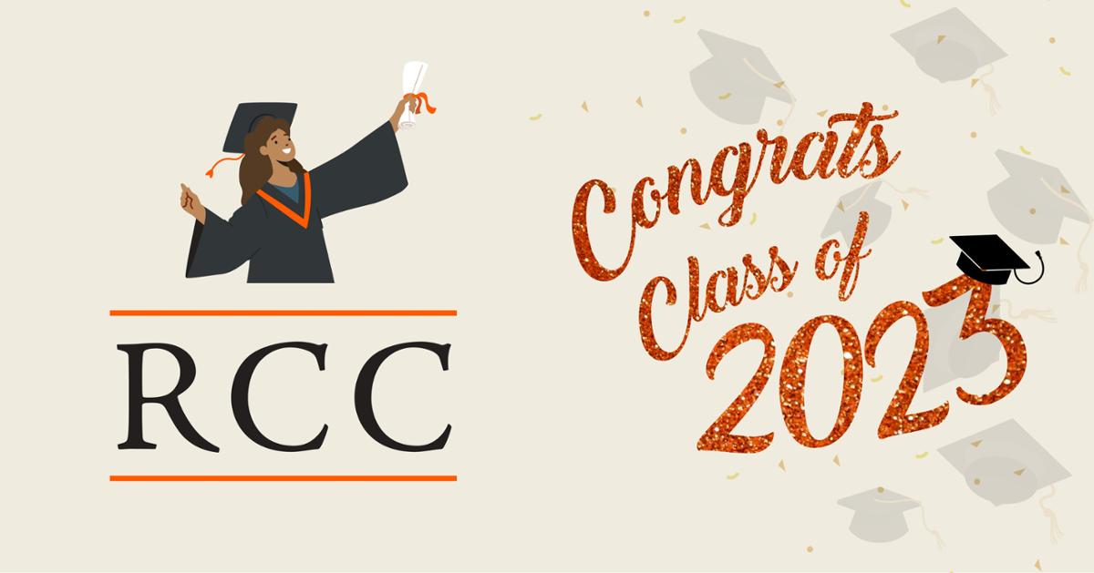 RCC Logo with cartoon graduate. Wording of Congrats class of 2023