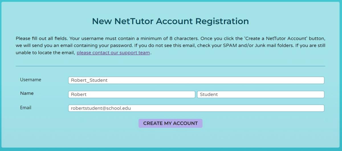 NetTutor Registration account. Username, name, email, and student email address. 